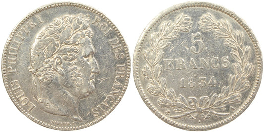 1834A France 5 Francs Coin Details – Cleaned