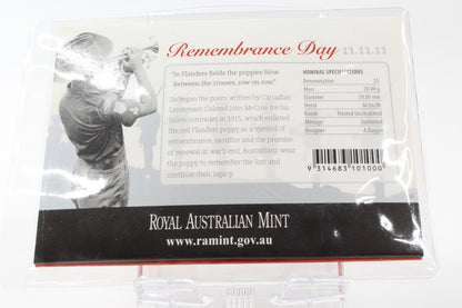 2011 Australia 11.11.11 Remembrance Day $5 Frosted UNC Pad Printed Coin