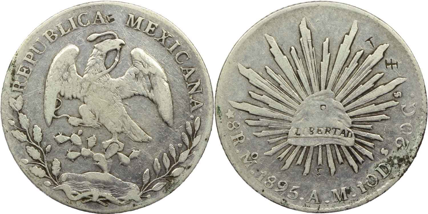 Mexico 1895 Silver Cap & Rays 8 Reales Coin Mexico Mint Chop Marks