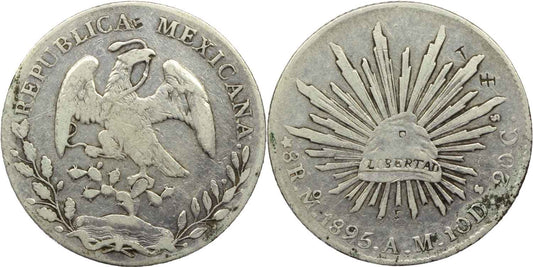 Mexico 1895 Silver Cap & Rays 8 Reales Coin Mexico Mint Chop Marks
