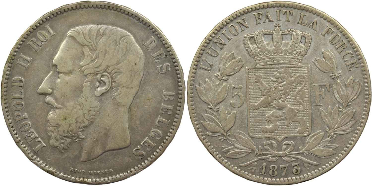 1873 Belgium Silver 5 Francs Leopold II Coin VF Details