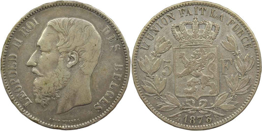 1873 Belgium Silver 5 Francs Leopold II Coin VF Details