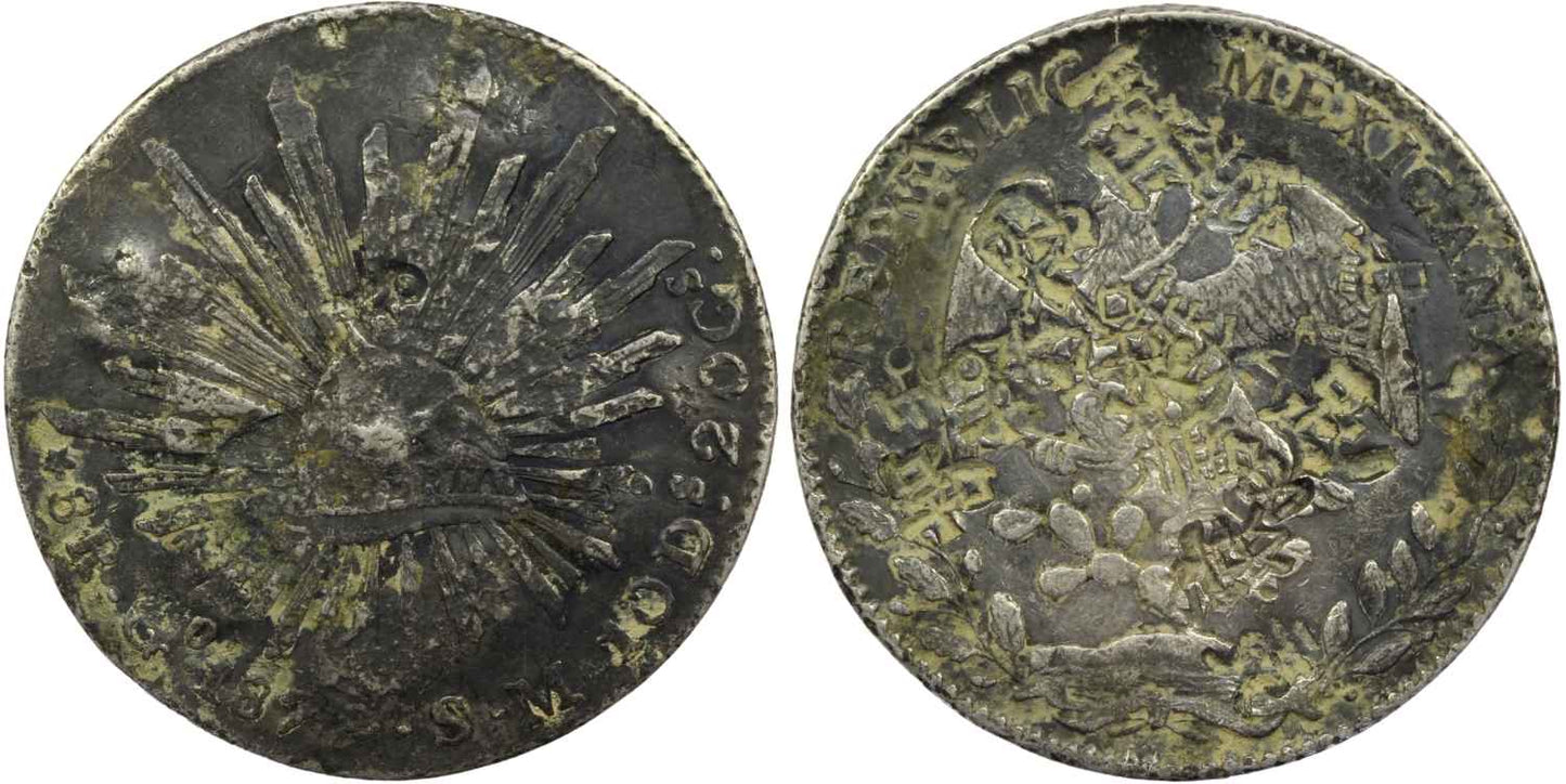 Mexico 1870's Silver Cap & Rays 8 Reales Coin Guanajuato Mint Chop Marks