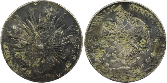 Mexico 1870's Silver Cap & Rays 8 Reales Coin Guanajuato Mint Chop Marks