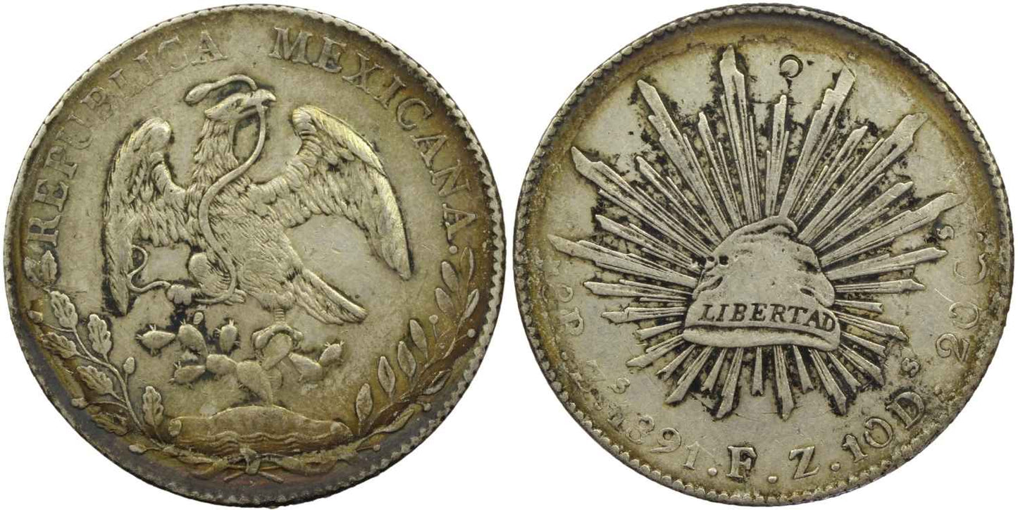 Mexico 1891 Silver Cap & Rays 8 Reales Coin Zacatecas Mint Chop Marks