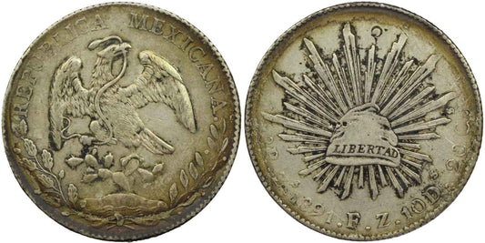 Mexico 1891 Silver Cap & Rays 8 Reales Coin Zacatecas Mint Chop Marks