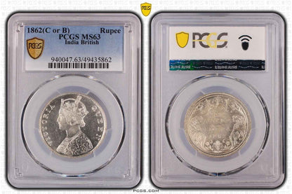 1862 C or B British India Rupee Coin PCGS MS63