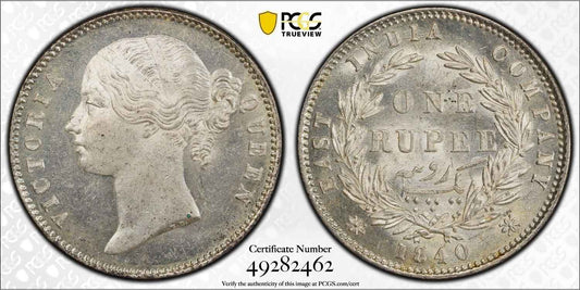 1840 India (C or B) Silver Rupee Coin PCGS MS 63