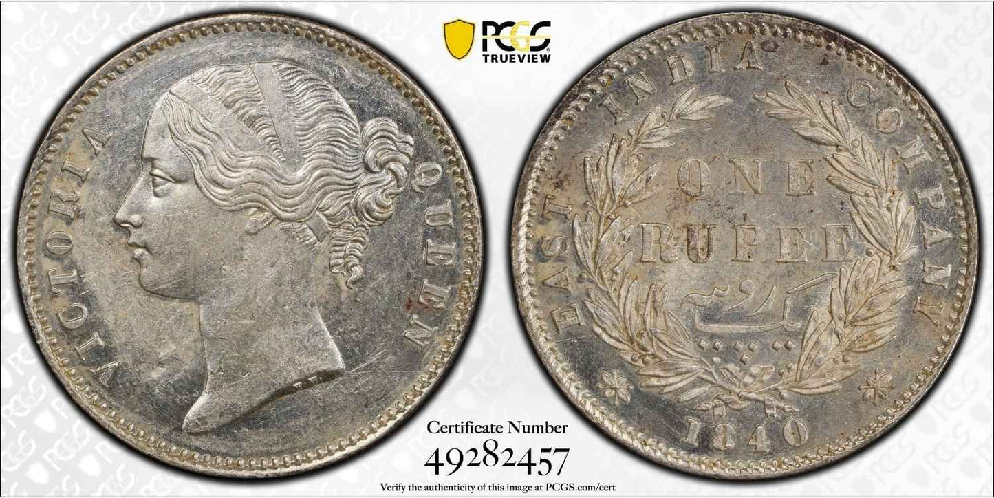 1840 India (C or B) Silver Rupee Coin PCGS MS 61