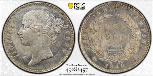1840 India (C or B) Silver Rupee Coin PCGS MS 61