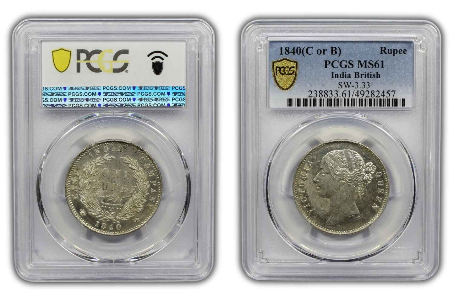 1840 India (C or B) Silver Rupee Coin PCGS MS 61