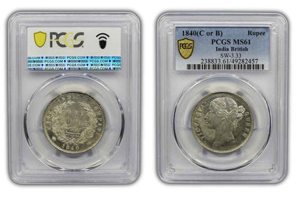 1840 India (C or B) Silver Rupee Coin PCGS MS 61