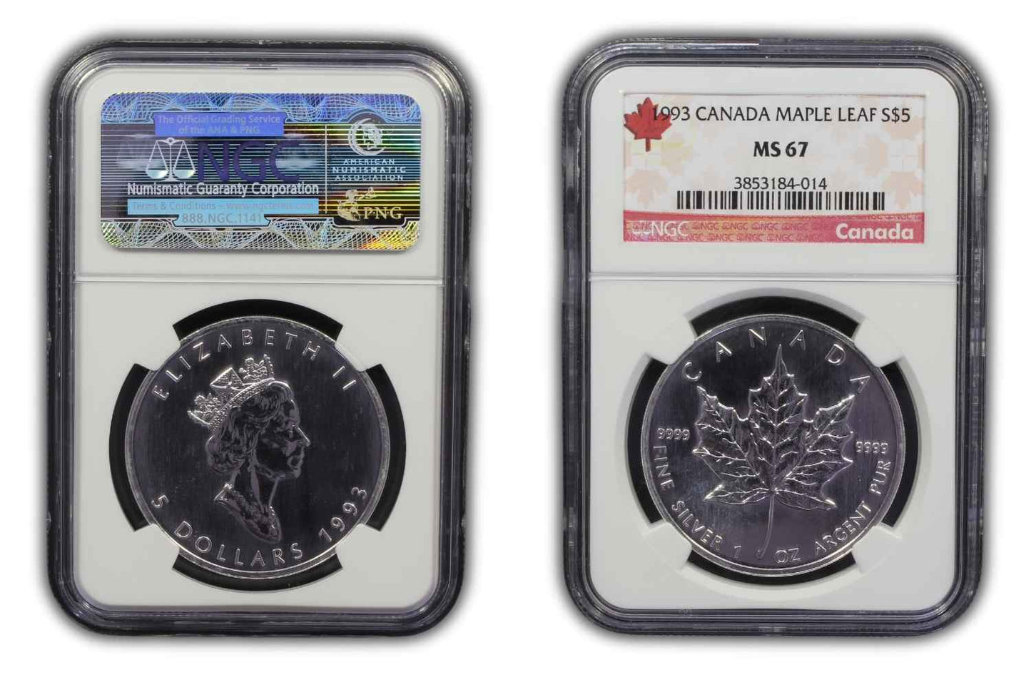 Canada 1993 Silver $5 Maple Leaf Coin NGC MS 67