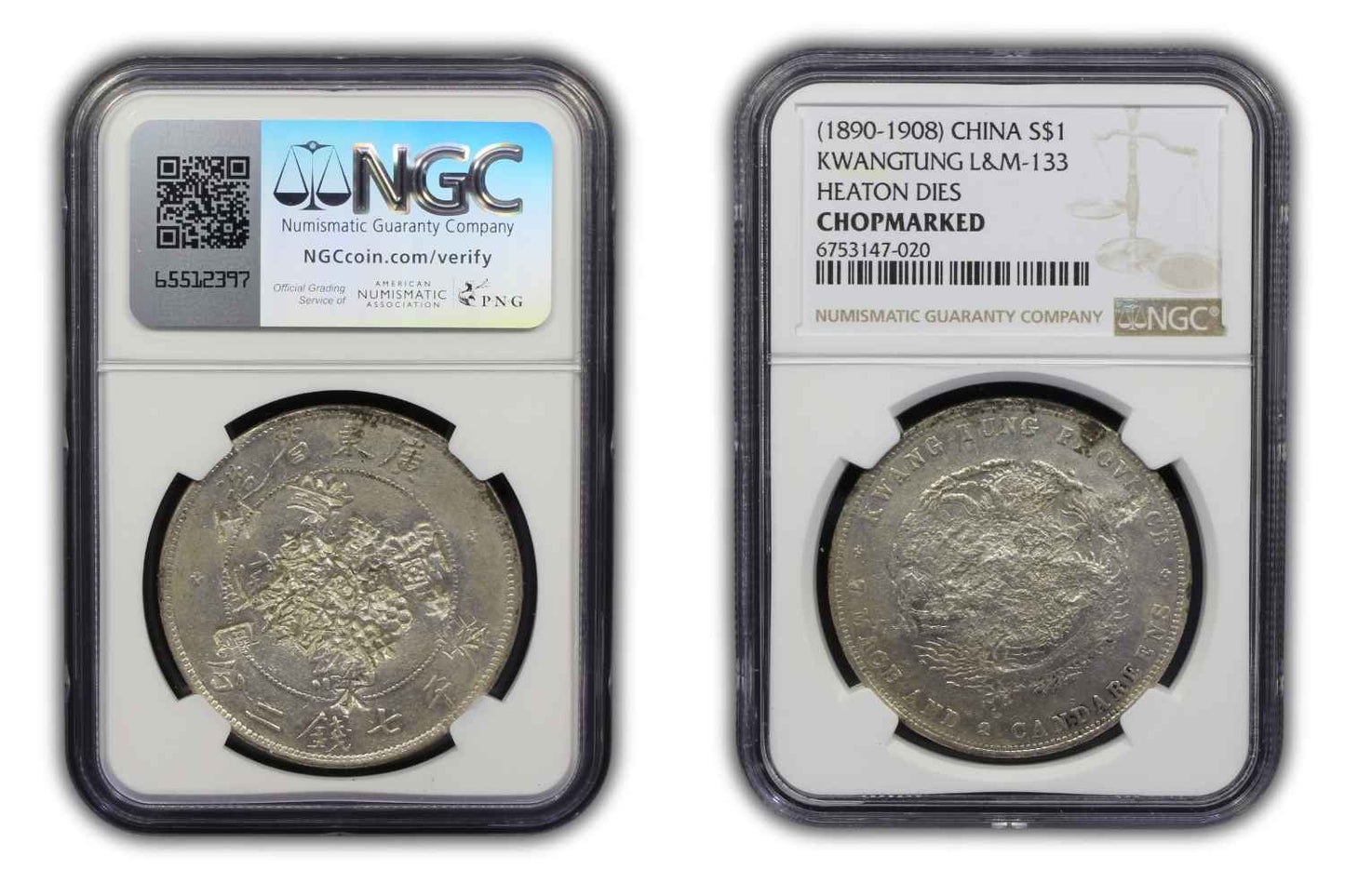 1890 - 1908 China Silver Dragon $1 Coin Kwangtung Heaton Dies NGC CHOPMARKED