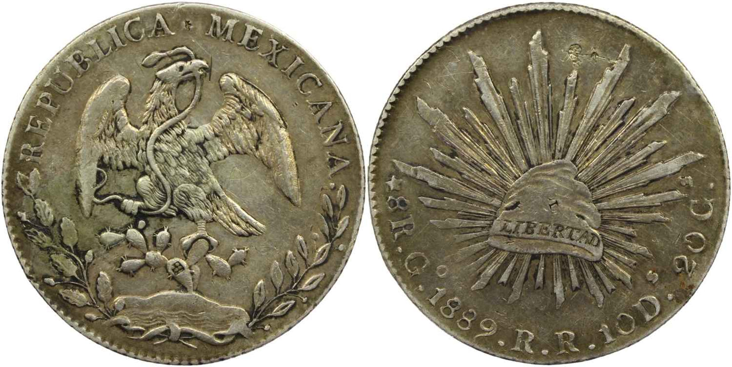 Mexico 1889 Silver Cap & Rays 8 Reales Coin Guanajuato Mint Chop Marks