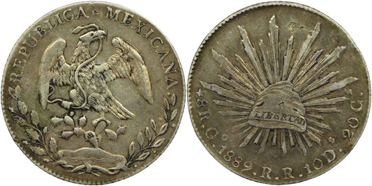 Mexico 1889 Silver Cap & Rays 8 Reales Coin Guanajuato Mint Chop Marks