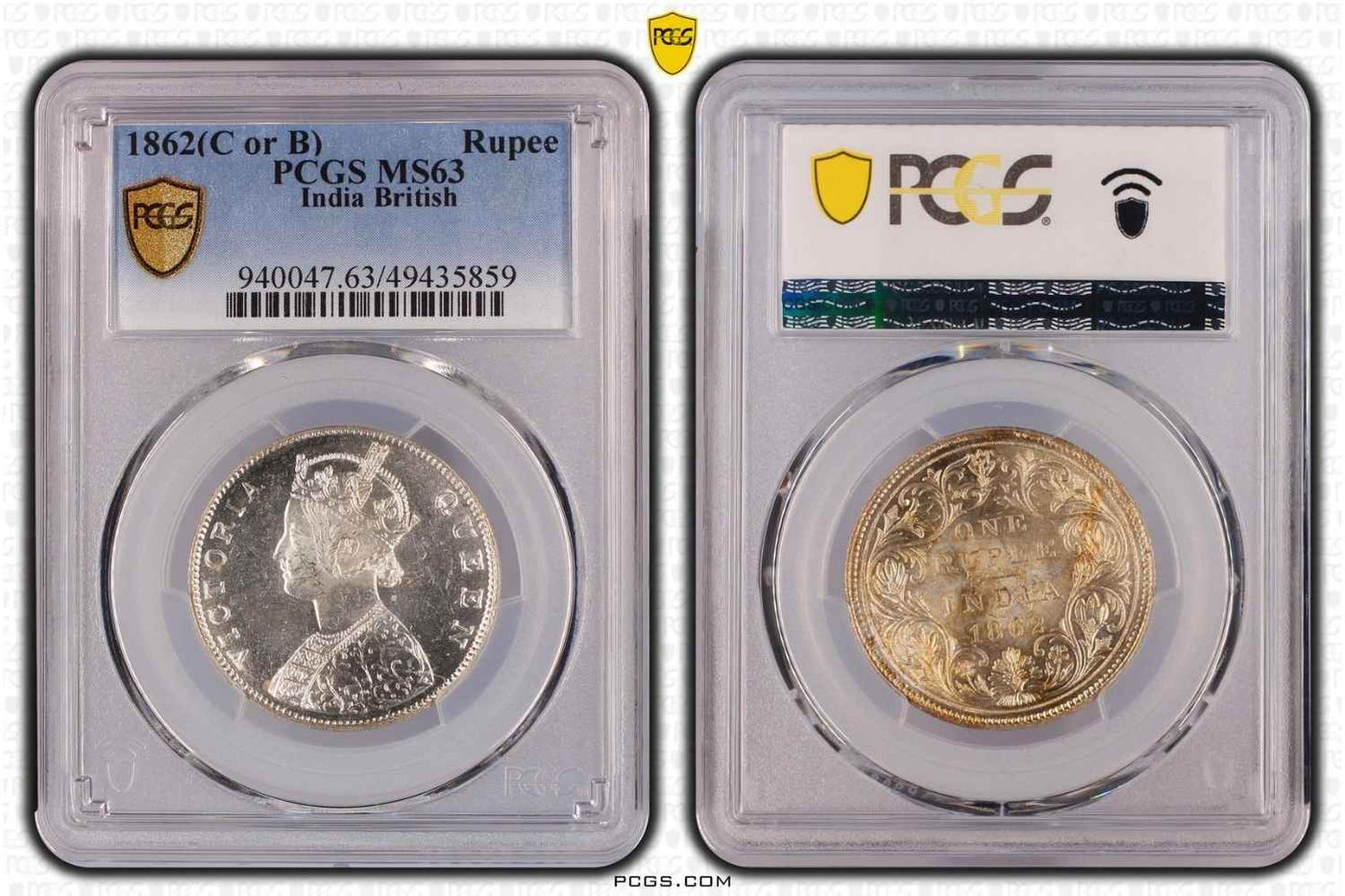 1862 C or B British India Rupee Coin PCGS MS63