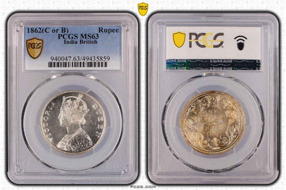 1862 C or B British India Rupee Coin PCGS MS63