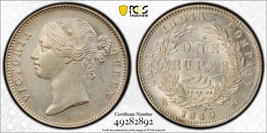 1840 India (C or B) Silver Rupee Coin PCGS AU 58