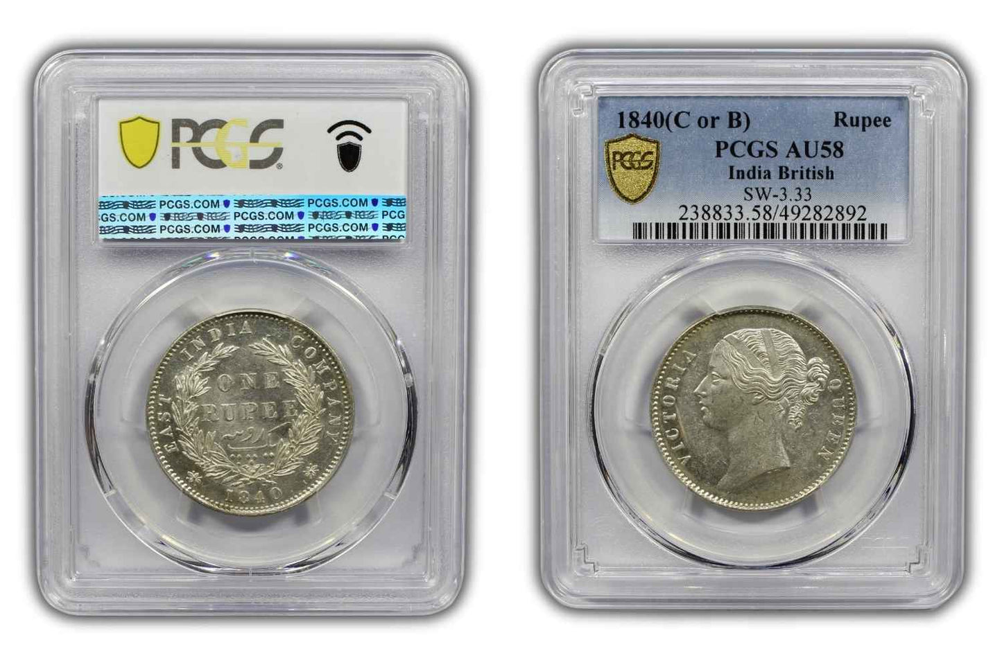 1840 India (C or B) Silver Rupee Coin PCGS AU 58