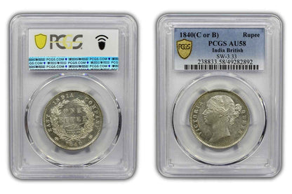 1840 India (C or B) Silver Rupee Coin PCGS AU 58