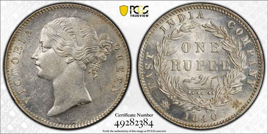 1840 India (C or B) Silver Rupee Coin PCGS AU 58