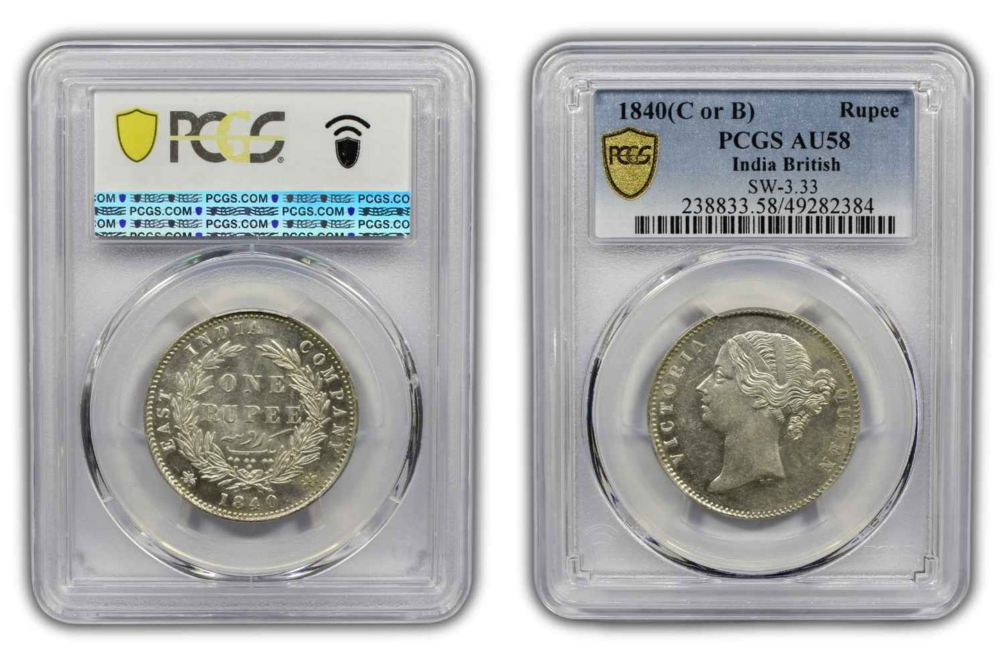 1840 India (C or B) Silver Rupee Coin PCGS AU 58