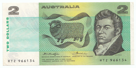 1976 Australia Knight Wheeler OCRB CENTRE THREAD $2 Note good VF