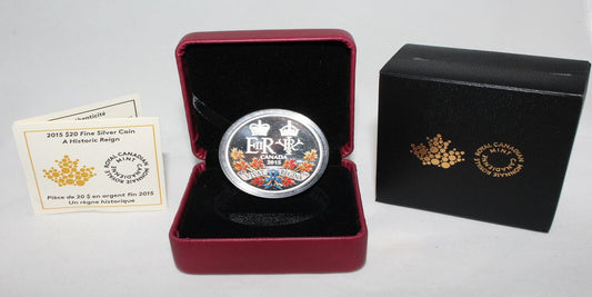 2015 Canada Silver 1 Oz 999 A Historic Reign QEII $20 Proof Colored Coin