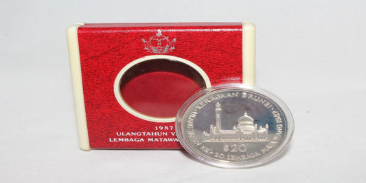 1987 Brunei Silver 20th Anniversary Currency Board $20 Proof Coin