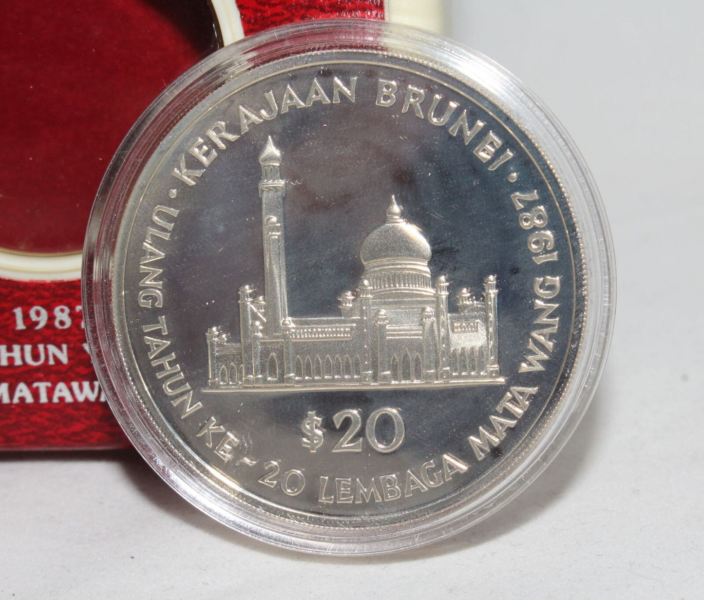 1987 Brunei Silver 20th Anniversary Currency Board $20 Proof Coin