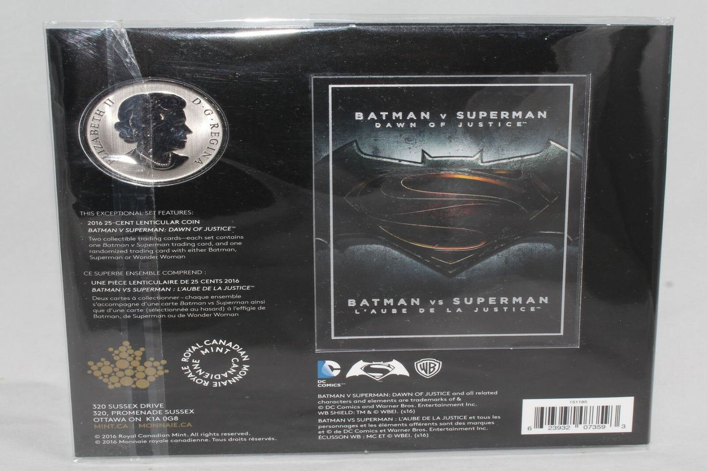 2016 Canada Batman vs Superman Dawn of Justice Lenticular 25 Cent Carded Coin