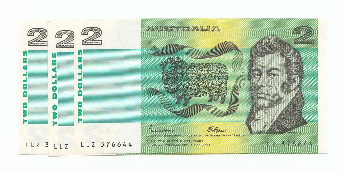 Australia 1985 Jonhston Fraser $2 Note CONSECUTIVE RUN OF 3 aUNC