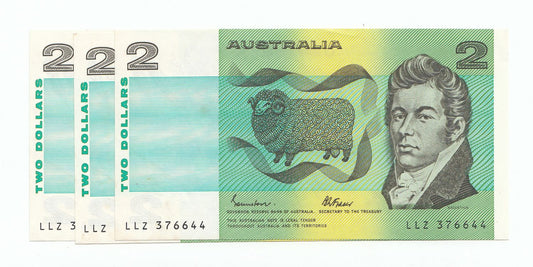Australia 1985 Jonhston Fraser $2 Note CONSECUTIVE RUN OF 3 aUNC