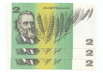 Australia 1985 Jonhston Fraser $2 Note CONSECUTIVE RUN OF 3 aUNC