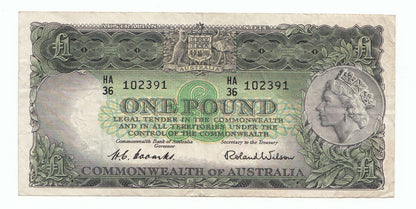 1953 Australia Coombs Wilson COMMONWEALTH BANK 1 Pound Note VF – gVF