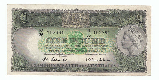 1953 Australia Coombs Wilson COMMONWEALTH BANK 1 Pound Note VF – gVF