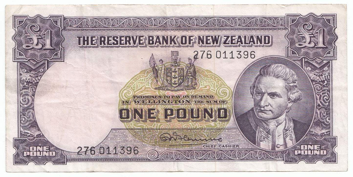 1956 – 1967 New Zealand R.N. Fleming 1 Pound Note VF Details