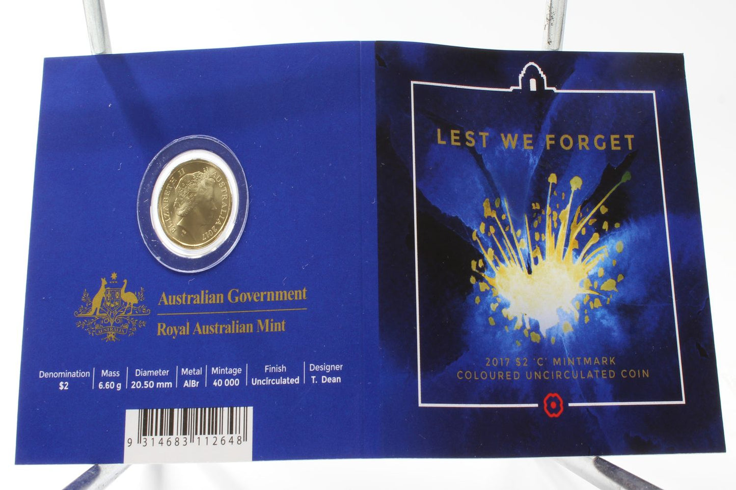 2017 Australia $2 Lest We Forget 'C' Mintmark Coloured UNC Coin On Card