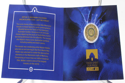 2017 Australia $2 Lest We Forget 'C' Mintmark Coloured UNC Coin On Card