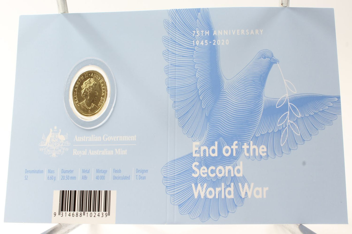2020 Australia $2 End of The Second World War 'C' Mintmark Coloured Coin On Card
