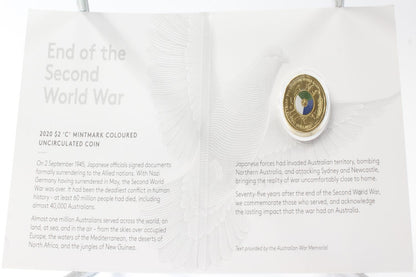 2020 Australia $2 End of The Second World War 'C' Mintmark Coloured Coin On Card