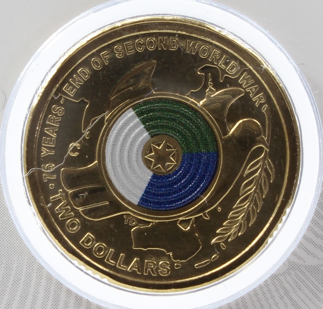 2020 Australia $2 End of The Second World War 'C' Mintmark Coloured Coin On Card